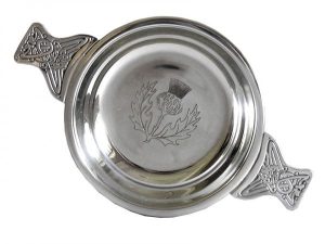 Pewter quaich with engraved thistle